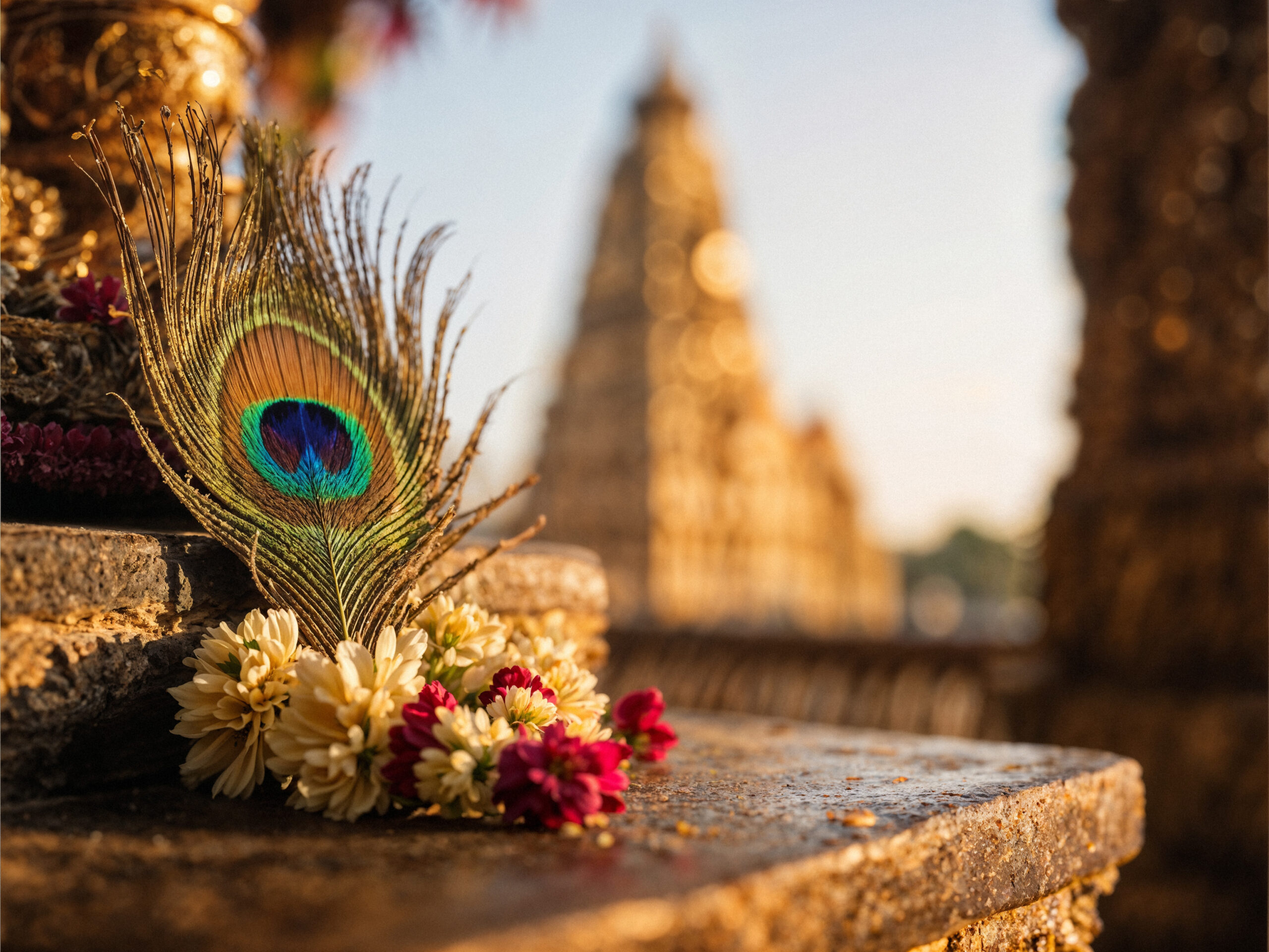 peacock feather floral garland temple setting